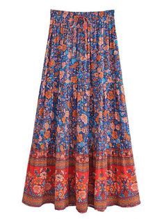 Tassel Elastic Waist Long Floral Hippie Skirt - SHExFAB Bohemian Maxi Skirt, Boho Maxi Skirt, Hippie Summer, Hippie Skirt, Long Floral Skirt, Boho Swimwear, Hippie Skirts, Maxi Skirt Boho, Bohemian Maxi