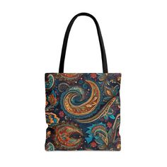 Discover our Paisley Pattern AOP Tote Bag - the must-have accessory for your DipaliZ brand essentials! Crafted from durable 100% polyester with boxed corners, this tote bag is both stylish and functional. Perfect for a day at the beach or exploring the town in style, this bag is available in three convenient sizes to suit your needs. Elevate any outfit effortlessly with the timeless appeal of our elegant home decor options featuring an eye-catching all-over print. Choose from small, medium, or l Elegant Home, Elegant Home Decor, Rock A, Day At The Beach, Paisley Pattern, At The Beach, Black Cotton, Paisley, The Beach