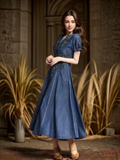 Lasaky - Vintage Embroidered Denim Maxi Dress with Open Collar and Cinched Waist Embroidered Fitted Denim Dress, Embroidered Denim Blue Dress, Fitted Embroidered Denim Dress, Elegant Denim Blue Short Sleeve Dress, Elegant Short Sleeve Denim Blue Dress, Casual Embroidered Fitted Denim Dress, Casual Fitted Embroidered Denim Dress, Floral Embroidered Fitted Denim Dress, Fitted Floral Embroidery Denim Dress