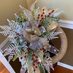 a christmas wreath on top of a chair