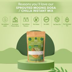 a bag of food sitting on top of a green stand up with the words, reasons you'll love our sprouted moon dosa / chili instant mix