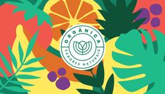 an organic logo surrounded by tropical leaves and berries on a colorful background with oranges