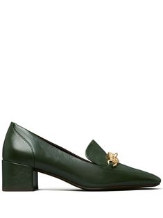 dark green leather polished finish 45mm block mid heel gold-tone hardware horse-head motif square toe branded insole slip-on style This piece comes complete with a protective dust bag. Elegant Green Loafers For Business, Elegant Green Loafers For Formal Occasions, Elegant Green Formal Loafers, Luxury Green Loafers For Work, Luxury Green Loafers For Business, Luxury Green Loafers For Formal Occasions, Luxury Green Loafers For Office, Classic Green Loafers For Work, Green Classic Loafers For Work