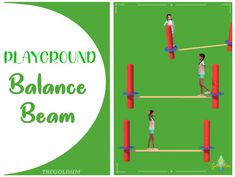 two images with the words playground balance beam and an image of a woman balancing on a bar