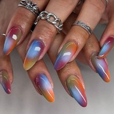 Nails And Rings, Aura Nail, Space Nails, Colorful Nail, Gradient Nails, Dream Nails, Floral Nails