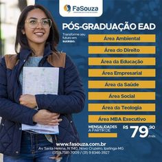 a woman standing in front of a blue and yellow sign that says pos - graduacaaoo ead