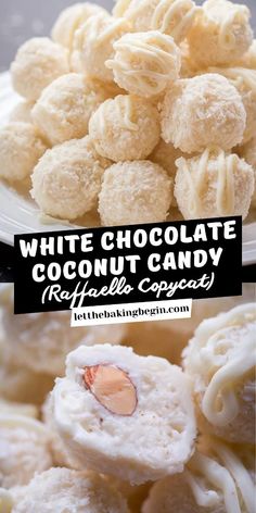 white chocolate coconut candy on a plate with text overlay