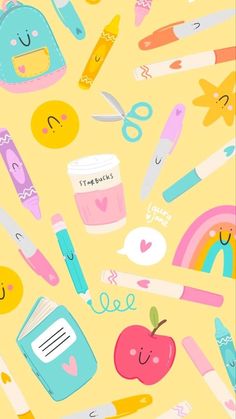 an illustration of school supplies on a yellow background with rainbows, apples, scissors and other items