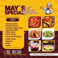 the menu for may's special kitchen is shown in red and yellow colors, with images of various food items