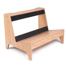 a wooden bench with a black seat on the top and bottom part, sitting against a white background