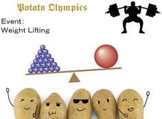 potatoes with faces and arms are balanced on a scale as if they were weighting