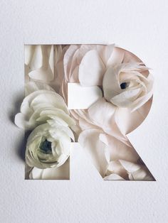 the letter k is made up of white flowers and paper cut out to look like roses