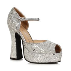 Looking for a way to dazzle on the dance floor with your groovy moves? Check out our 70s Retro Silver Glitter 5.5 Inch Platform Chunky Heel Open Toe Shoes with Ankle Strap! These stunning shoes will add the perfect touch to any retro outfit or costume, making you the center of attention at any disco or party. These chunky platform heels are 5.5 inches high and come with an ankle strap for added support making it easy to strut your stuff. The silver glitter design is sure to catch the light and m Disco Shoes, Disco Look, Shoes Png, Ellie Shoes, Stunning Shoes, Platform Heels Chunky, Silver Heels, Open Toe Shoes, Shoe Dazzle