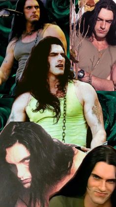 a collage of photos with the same person in different outfits and hair colors, including one man wearing a green tank top