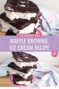 chocolate waffle brownie ice cream recipe on a pink plate with text overlay