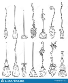 a bunch of brooms that are drawn in black and white