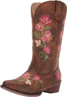 PRICES MAY VARY. 100 % Synthetic All-over floral embroidery Distressed faux leather outsole Snip toe Pull on Western Style Embroidered Boots With Round Toe, Western Embroidered Boots With Round Toe, Womens Cowgirl Boots Sunflower, Womens Cowgirl Boots Floral, Vaquera Boots Brown, Vintage Cowgirl, Kids Luggage, Floral Fashion, Brown Floral