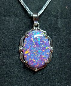 Beautiful Favorite Lavender Purple Opal, Big Lab Created 13x18mm, See Colorful Fire On Video! 925 Sterling Silver Dolly Pendant, Rhodium Plated With 18" Sterling Chain. Gift Box Included. Colorful Fire, Lavender Opal, Purple Opal, Lovey Dovey, Lavender Purple, Opal Necklace, Opal Jewelry, Bling Bling, Rhodium Plated