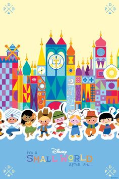 cartoon characters are standing in front of a colorful cityscape with the words, it's a small world after all