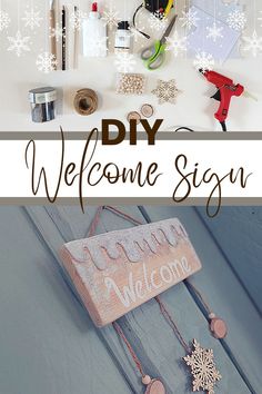 a welcome sign is displayed with some crafting supplies on the table next to it