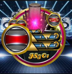 the logo for j s c g is shown in gold and red with blue lights behind it