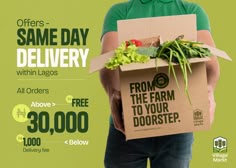 a person holding a cardboard box with vegetables in it and the words same day delivery written below