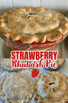 Photo collage of strawberry rhubarb pie - before and after baking. Strawberry Rubato Pie, Rubbard Pie Recipe, Strawberry Rhubarb Pie With Frozen Fruit, Rhubarb Strawberry Pie Recipes, Rhubarb Strawberry Recipes, Strawberry Rubarb Pie, Rubarb Pie, Best Strawberry Rhubarb Pie, Rhubarb Strawberry Pie