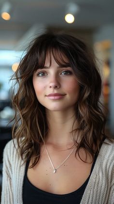 28 Short Shag With Bangs Hairstyles For Every Face Shape A Shape Bangs, Double Fringe Bangs, Woman’s Haircut With Bangs, Bangs And Face Framing, Girl Hairstyles With Bangs, Bangs Heart Face, Medium Layered Hair With Fringe, Shag Haircut For Heart Shaped Face