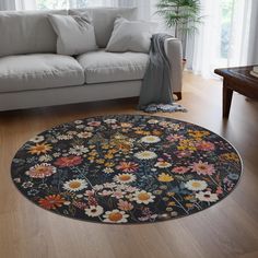 a living room with a large rug on the floor and a couch in the background