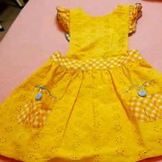 100% Yellow Cotton Eyelet. Has A Solid Yellow Cotton Lining. One Button Closing At Elasticized Back Of Dress. 2 Pockets. One Spare Pocket Button. Spring School Dresses With Buttons, Cotton School Dresses With Buttons, Yellow School Dress For Spring, Yellow Spring Dresses For School, Cute Yellow School Dress, Big Girl Dresses, Bee Dress, Secret Dress, Paper Doll Dress