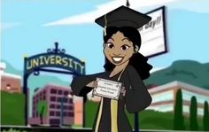 a woman in a graduation cap and gown holding a sign with the words university on it