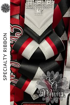 red, black and white striped bow with sequins on the bottom that says special ribbon for moms