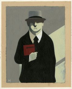 a painting of a man with a hat and tie holding a red book in his hand