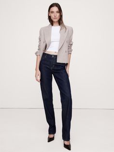 Low-Rise Rigid Straight Jean | Banana Republic Fitted Jeans With Welt Pockets For Spring, Fitted Straight Leg Jeans For Business Casual, Classic Fitted Cropped Jeans For Work, Workwear Cropped Straight Fit Rigid Denim Jeans, Straight Fit Rigid Denim Cropped Jeans For Work, Rigid Denim Cropped Jeans For Workwear, Fall Straight Relaxed Fit Cropped Jeans, Relaxed Fit Jeans For Fall, Fall Relaxed Fit Straight Cropped Jeans