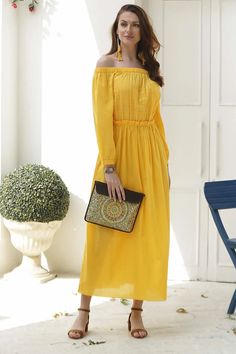 Marigold Yellow Off-Shoulder Maxi Dress - Marigold Muse | NOVICA #spring2021 #slowfashion #ethicalfashion #novica #madeinindia #supportartisans Sunflower Photoshoot, Spring Lookbook, Marigold Yellow, Dobby Weave, Yellow Maxi, Versatile Dresses, Plaid Design, Comfortable Dress, Indian Design