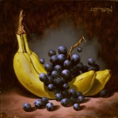 a painting of bananas and grapes on a table