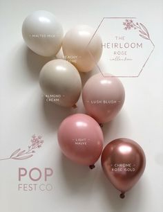 five balloons with the names of different types and colors are shown on a white surface