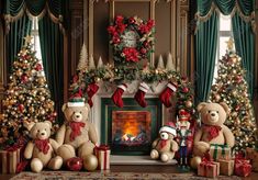 three teddy bears sitting in front of a fireplace with christmas decorations on the mantel