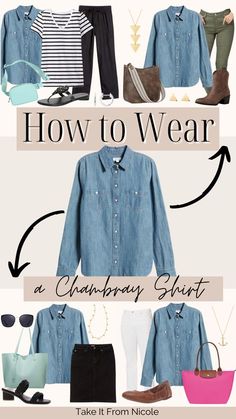 Chambray Jacket Outfit, Black Jeans With Chambray Shirt, Black Jeans Chambray Shirt Outfit, Light Denim Button Up Shirt Outfit, Outfit With Denim Shirt Women, Casual Denim Shirt Outfit, Style A Chambray Shirt, Denim Outfit Ideas Black Women, Black Pants Denim Shirt Outfit