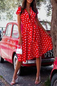 Lasaky - Sophisticated Polka Dot Bandage V-Neck A-Line Short Sleeve Dress for Stylish Vacations Polka Dot Tie, Elegant Midi Dresses, Vacation Dress, A Line Shorts, Polka Dress, Patchwork Dress, Vacation Dresses, Short Sleeve Dress, Polka Dot Print