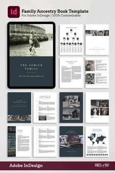 the family book template for adobe and wordpress is shown in this graphic style, it includes