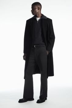 Dark Minimalist Fashion, Wool Funnel Neck Polo Sweater For Fall, Wool Polo Sweater With Funnel Neck For Fall, Classic Black Turtleneck Outerwear, Winter Half-zip Outerwear With Ribbed Collar, Classic Half-zip Winter Outerwear, Classic Wool Funnel Neck Polo Sweater, Winter Business Casual Merino Wool Polo Sweater, Men’s Trench Coat