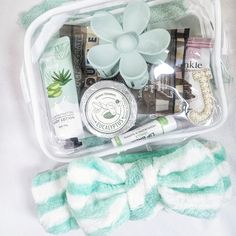 the contents of a travel kit in a plastic container on a white surface with green and white stripes