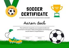 a soccer certificate is shown on the grass with a ball and trophy in the background