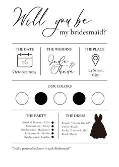 the wedding info sheet is shown in black and white, with an image of a bride's dress on it