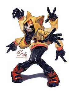 an image of a cartoon character in yellow and black with his hands up to the side