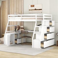 a white loft bed with stairs and desk in the corner, next to a window