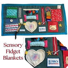 two bags with different items on them and the words, sensory fidget blankets