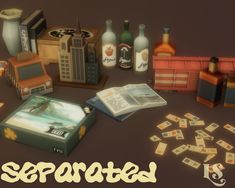 an assortment of liquors and other items on a table with the words seperate