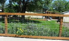 a fenced in area with flowers and grass